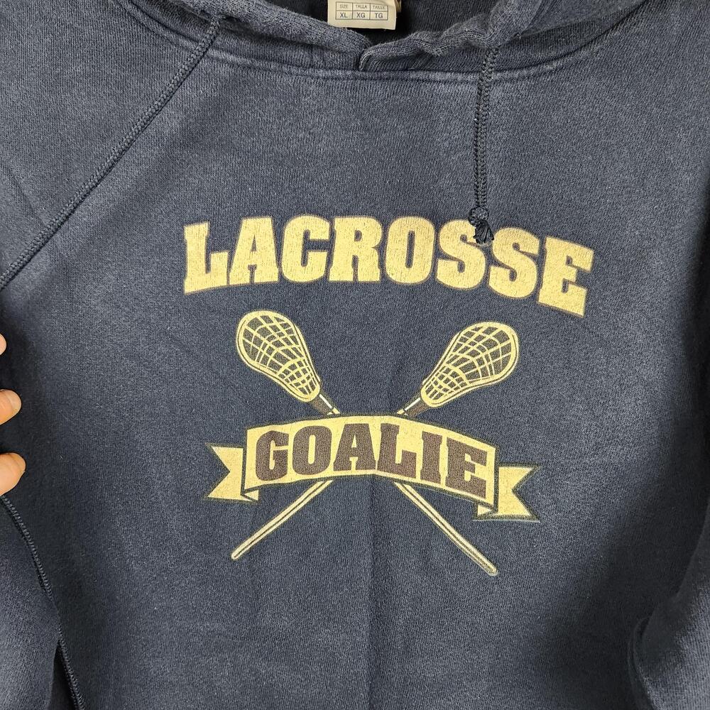 Vintage Lacrosse Goalie Hoodie Mens XL Blue Graphic Logo Pullover Sweatshirt Y2k
